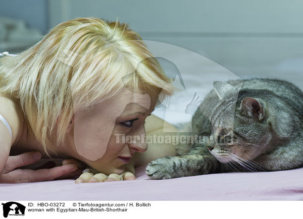 Frau mit gyptische-Mau-Britisch-Kurzhaar / woman with Egyptian-Mau-British-Shorthair / HBO-03272