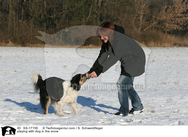 junge Frau spielt mit Hund im Schnee / playing with dog in the snow / SS-17156