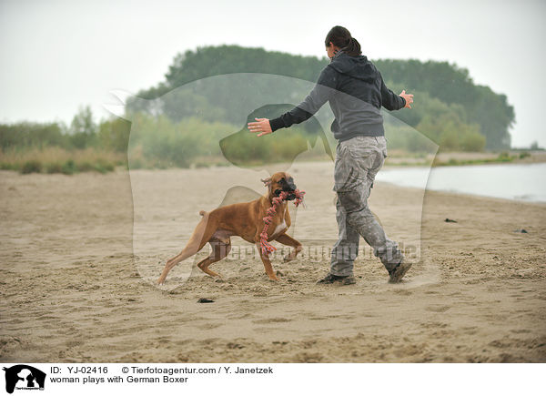 Frau spielt mit Deutschem Boxer / woman plays with German Boxer / YJ-02416