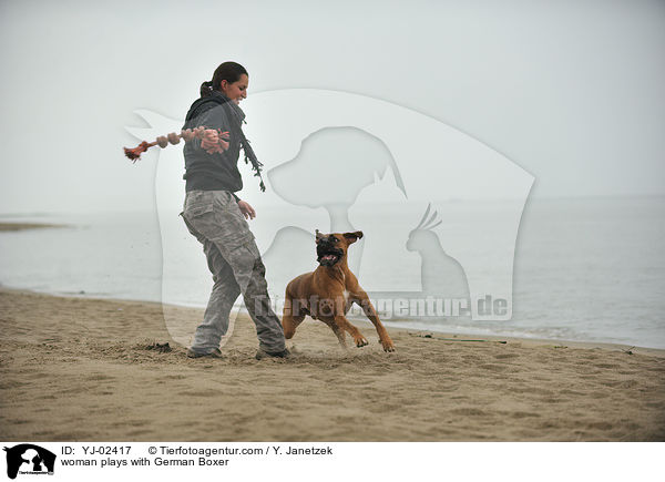 Frau spielt mit Deutschem Boxer / woman plays with German Boxer / YJ-02417