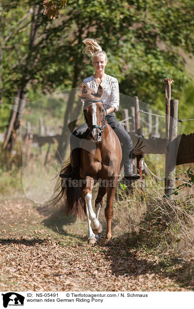 Frau reitet Deutsches Reitpony / woman rides German Riding Pony / NS-05491