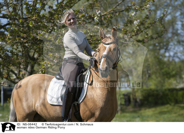 Frau reitet Deutsches Reitpony / woman rides German Riding Pony / NS-06442