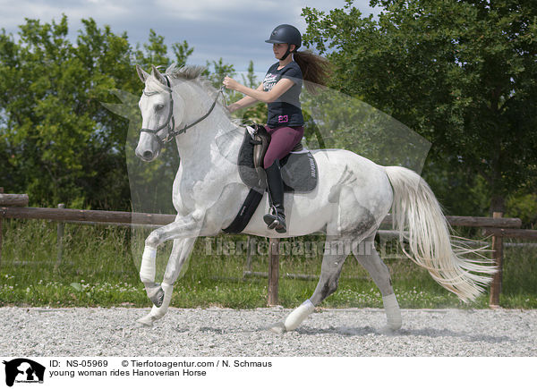 junge Frau reitet Hannoveraner / young woman rides Hanoverian Horse / NS-05969