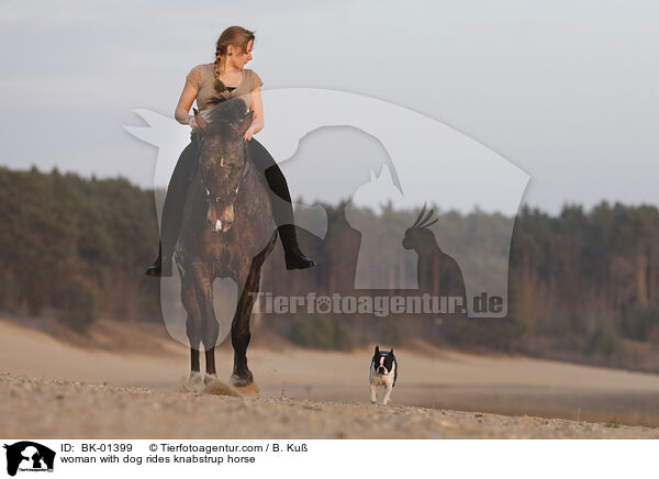 Frau mit Hund reitet Knabstrupper / woman with dog rides knabstrup horse / BK-01399