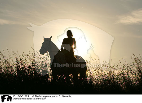 junge Frau mit Pferd im Sonnenuntergang / woman with horse at sundown / SG-01885