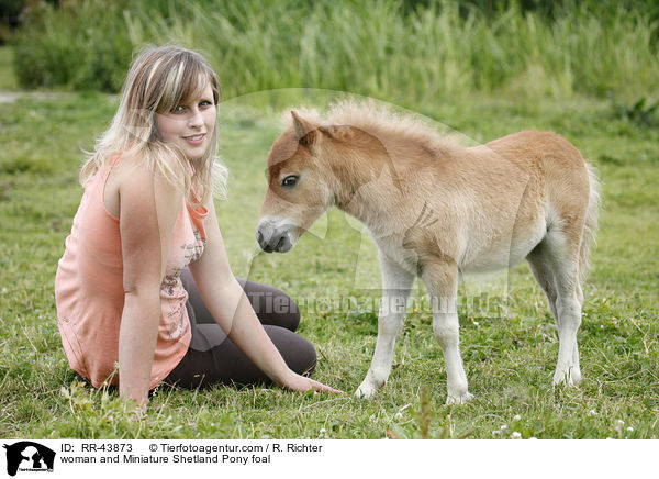 Frau und Mini Shetland Pony Fohlen / woman and Miniature Shetland Pony foal / RR-43873