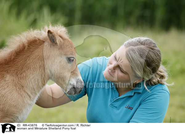 Frau und Mini Shetland Pony Fohlen / woman and Miniature Shetland Pony foal / RR-43876